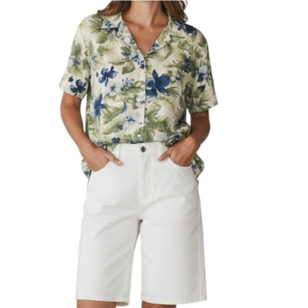 ANNA & FRANK Silk Tropical Button Up Shirt Blouse Women M Lightweight Resort Y2K